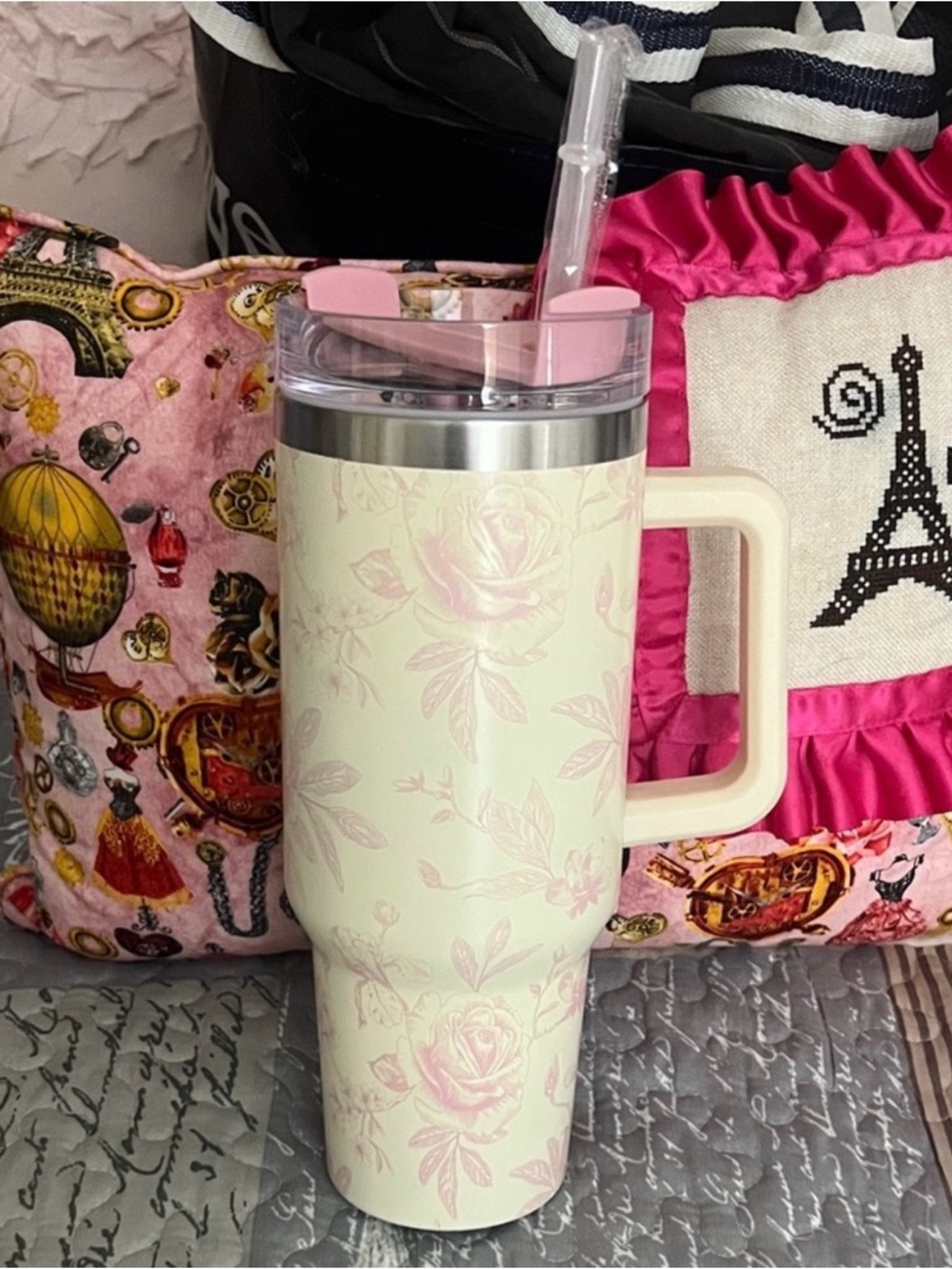 Francesca's Collections Cream Tumbler with Pink Floral Accent - Picture 2 of 5